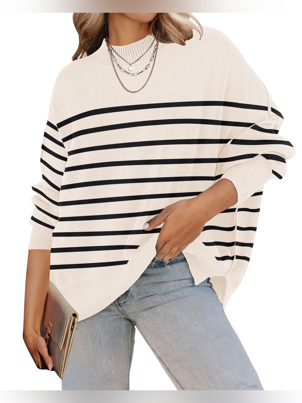 Cream & Black Striped Crewneck Sweater - Casual Oversized